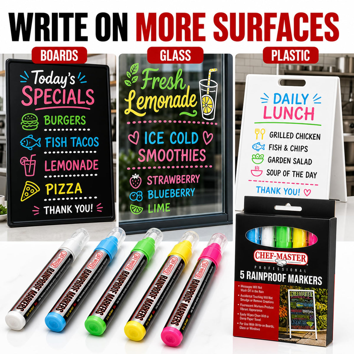 Chef Master Waterproof Markers, 5 Vibrant Colors, No Smudge, Rainproof