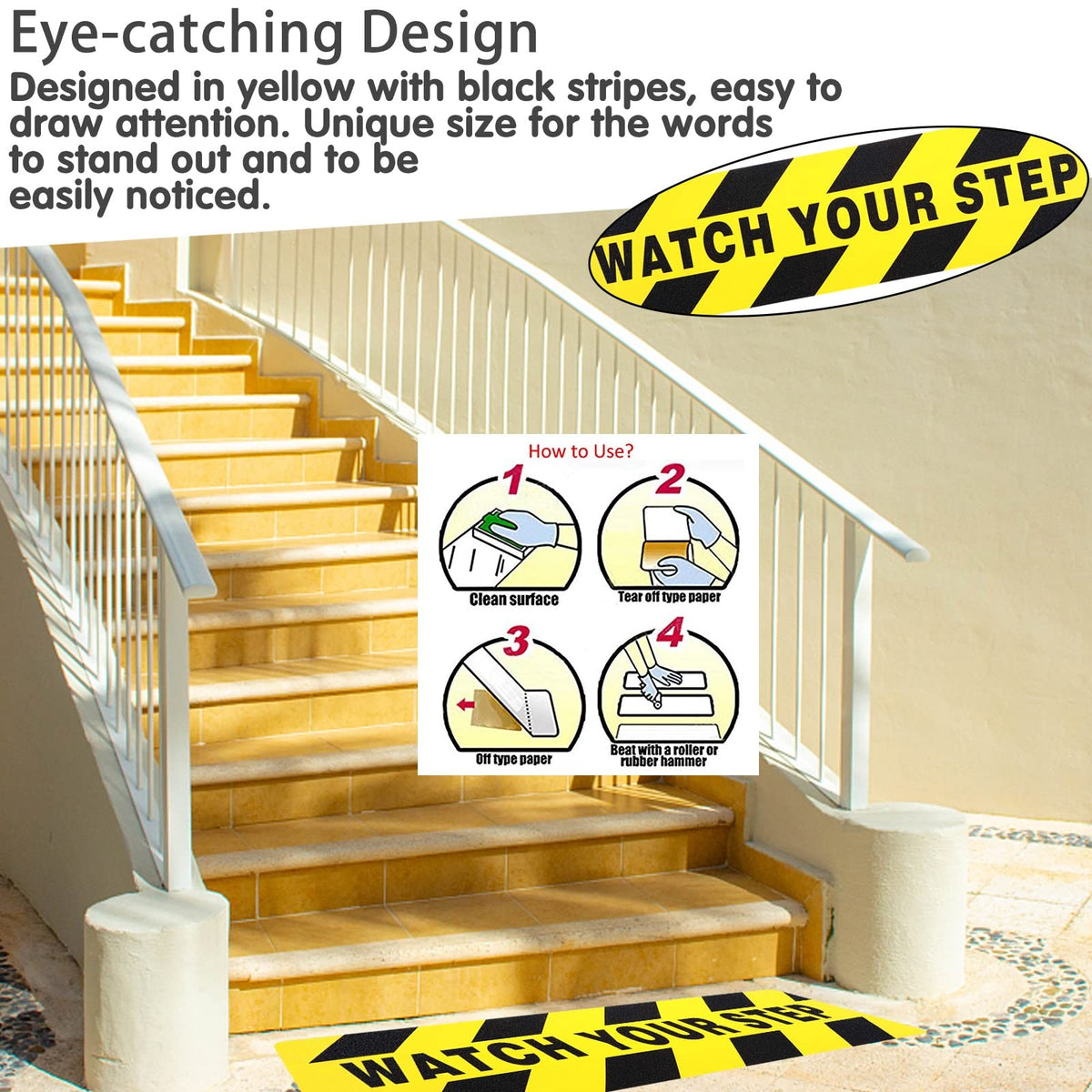 3-Pack Watch Your Step Sticker Sign Stair 6 x 24 Inch Caution Watch Your Step Floor Decals Warning Sticker Adhesive Tape Anti Slip Abrasive Tape for Workplace Safety Wet Floor Caution