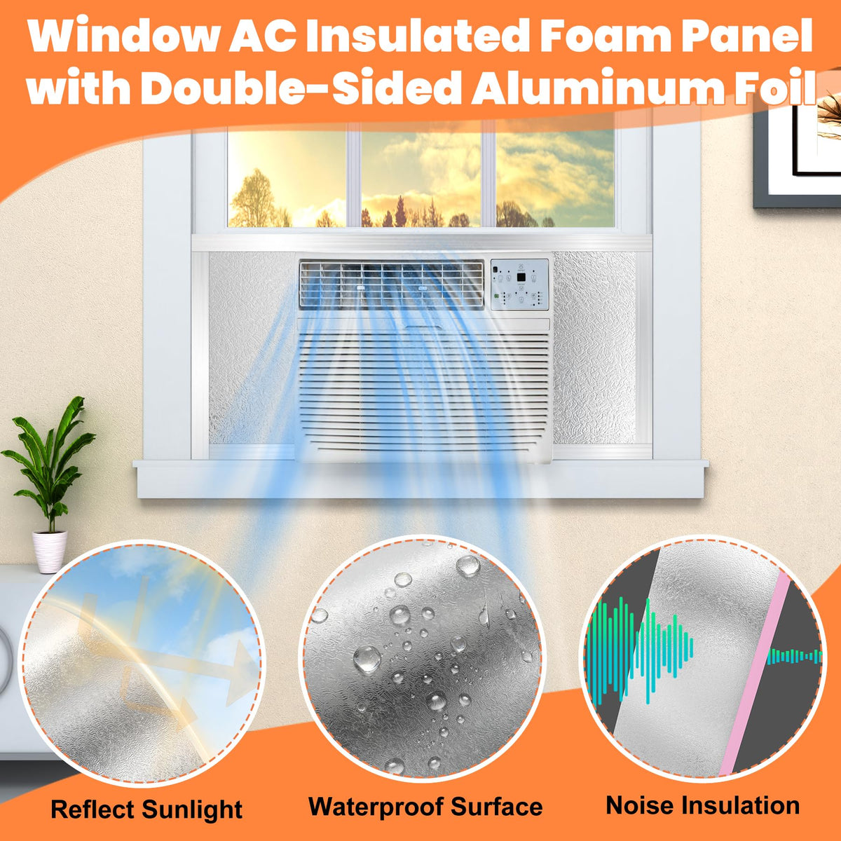 GCGOODS Window Air Conditioner Insulated Foam Panels with Double-Sided Aluminum Foil, Indoor & Outdoor Surround Insulation Side Panel with Top Seal Tape for Window AC Unit, Reflected Light & Heat