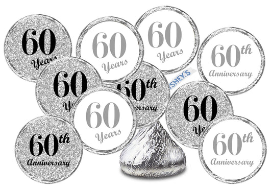 60th Anniversary Kisses Stickers, (Set of 216) Chocolate Drops Labels Stickers for 60 Wedding Anniversary, Party Favors Decor for Kisses. Made in USA