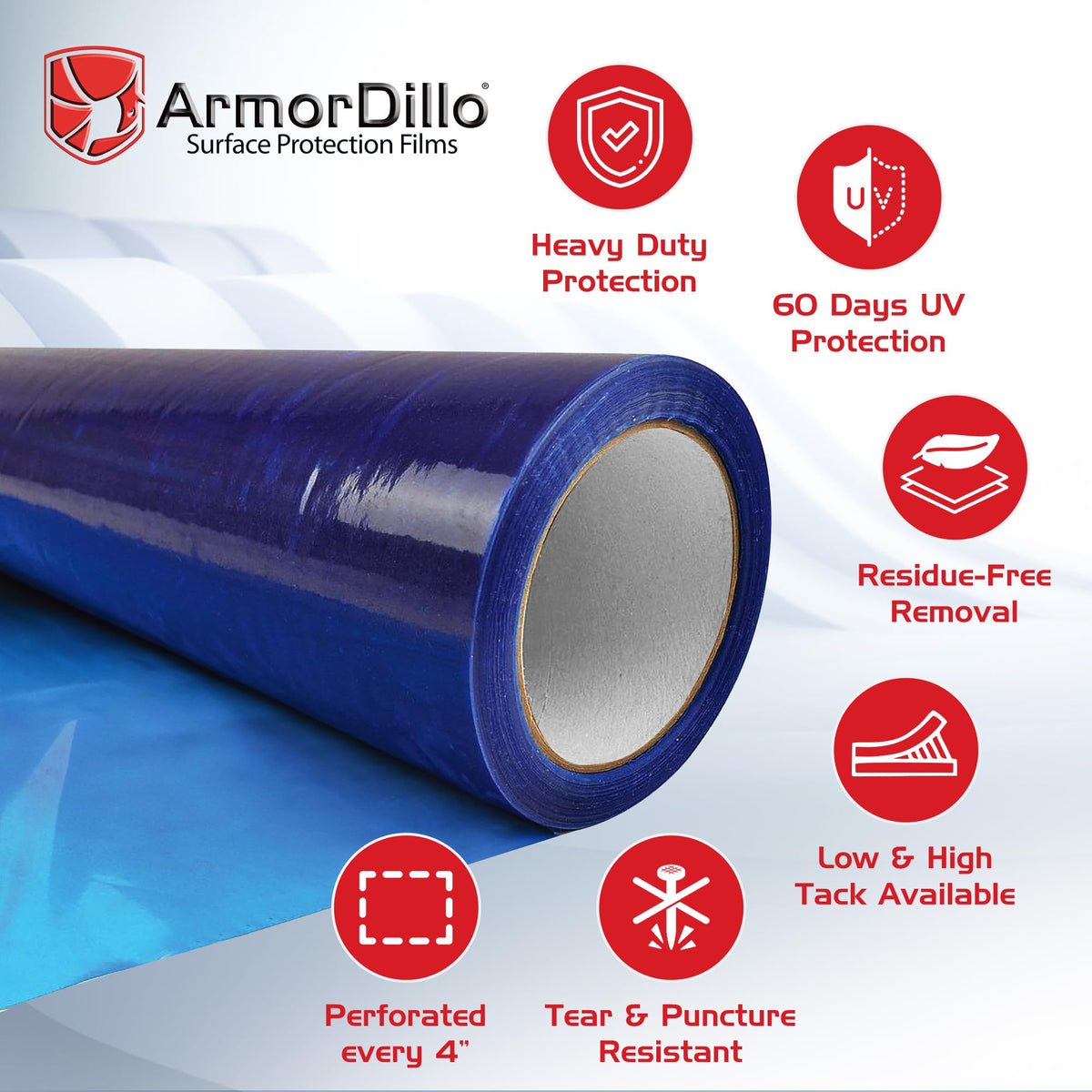 ArmorDillo High-Tack Adhesive HVAC Vent Sealing and Masking Tape. 25% HigherTack Vent Film 8” x 185 8” x 185' High Tack Adhesive Blue