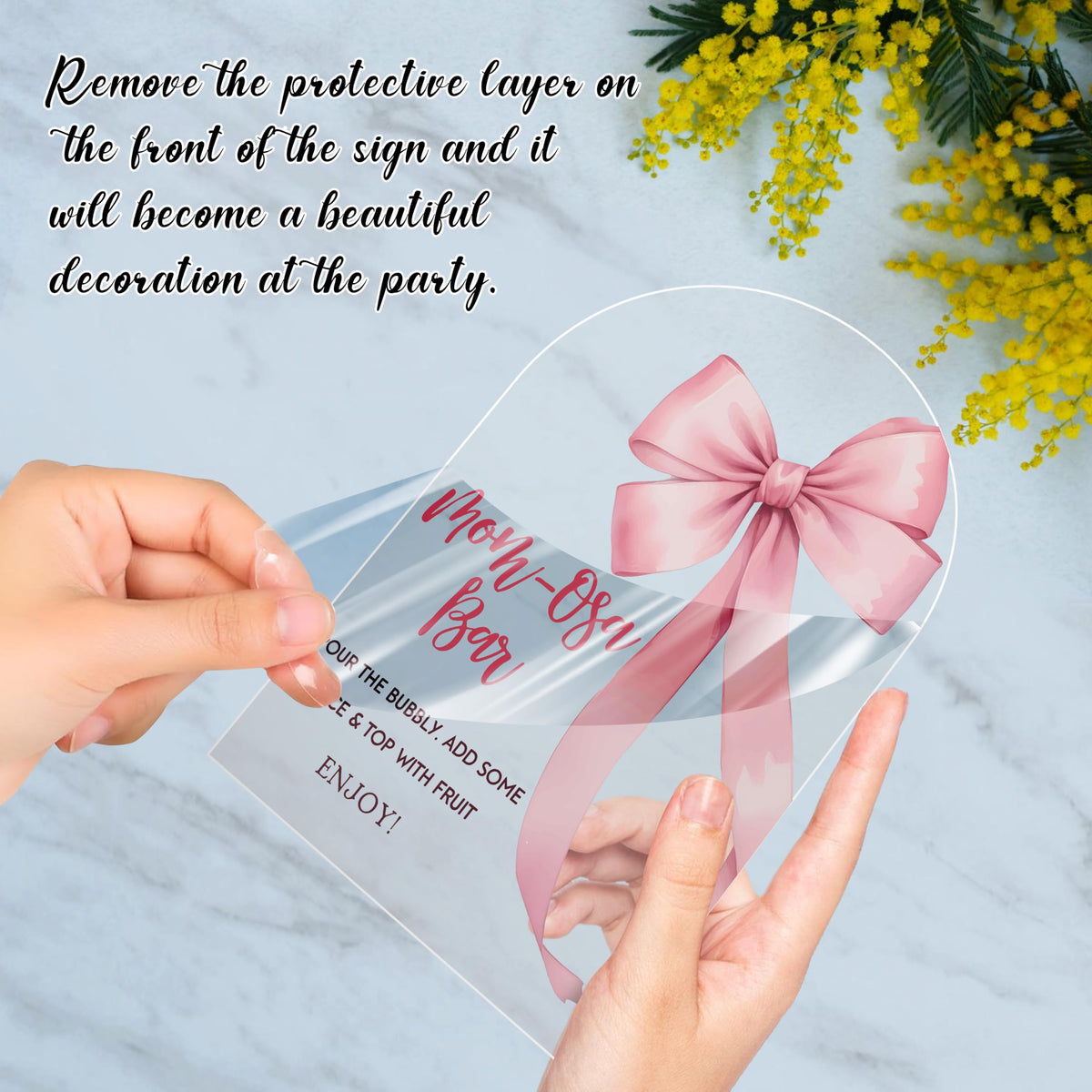 Bow Mimosa Bar Signs, Pink Bow Mimosa Bar Decor Supplies, Acrylic Brunch Dessert Buffet Table Decor, Baby Shower Gender Reveal Party Signs -a11