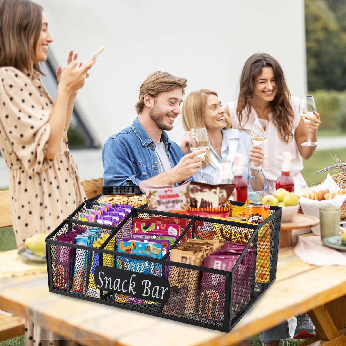Snack Organizer for Pantry Shelf, Metal Snack Organizer Snack Basket, 6 Compartment Snack Bin Holder Chip Organizer, Snack Bar Station Organizer, Kitchen Pantry Organizer and Storage (Black) 6 Compartments