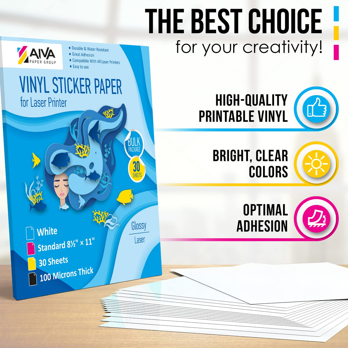 Printable Vinyl Sticker Paper for Laser Printer - Glossy White - 30 Self-Adhesive Sheets - Waterproof Decal Paper - Standard Letter Size 8.5"x11" 30 Sheets