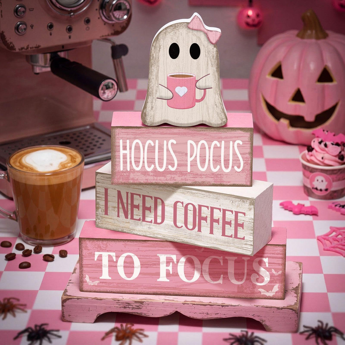 Moucuny 4 Pcs Pink Halloween Table Decor Ghost Wooden Stacked Block Decor Pink Coffee Ghost
