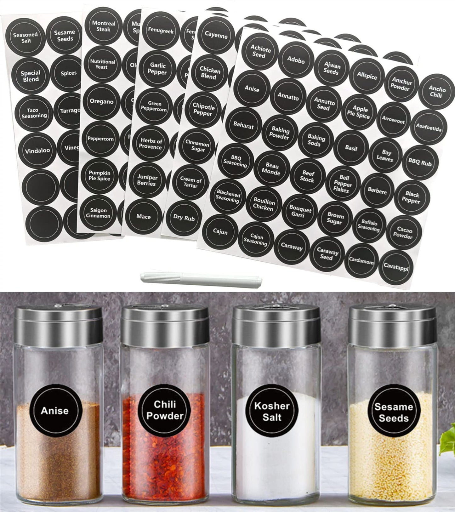 180 Spice Jar Labels - Chalkboard Stickers, Preprinted and Blank - Round and Erasable for Spice Containers 1.5 in