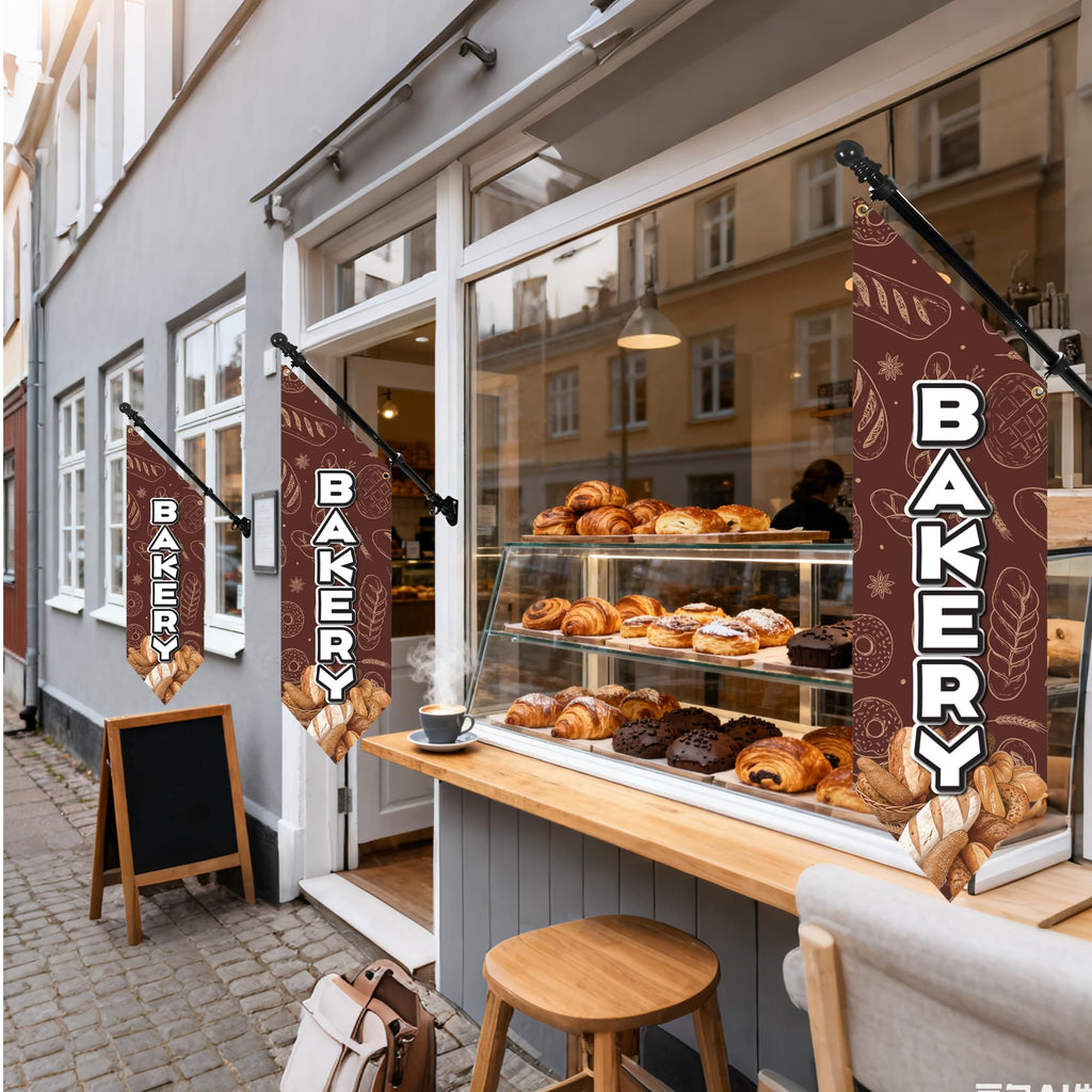 Farm Stand Bakery Flag with Pole Kit – 42x12 Inch Double-Sided Heavy Duty Canvas Banner for Outdoor Cake Shop, Business Sign, Storefront Advertising Decoration(Brown) Brown