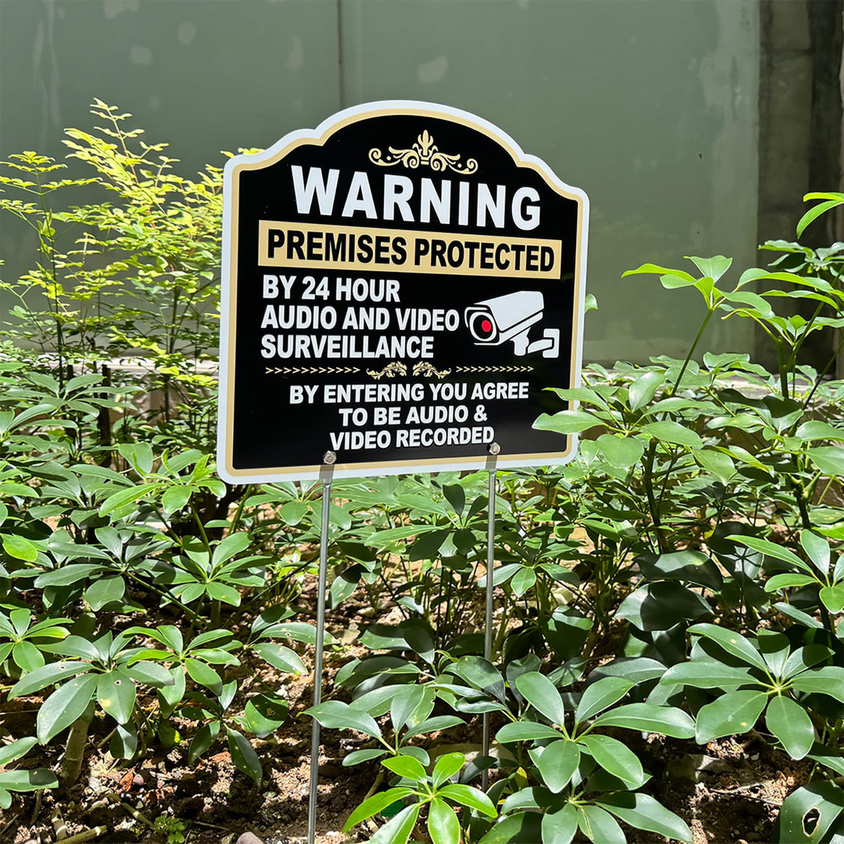 2 Pack Warning Premises Protected By 24 Hour Audio and Video Surveillance Sign with Stake, 12” x 12” aluminum No Trespassing sign for House Lawn Business.