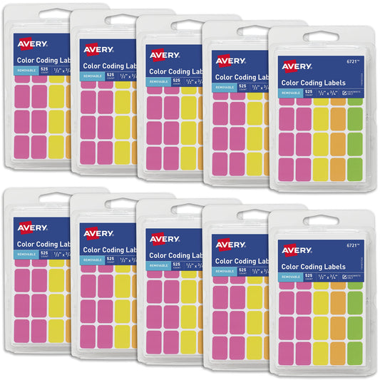 Avery Removable Color-Coding Stickers, 525 Per Pack, 10 Pack Assorted Colors, 5,250 Total (06721)