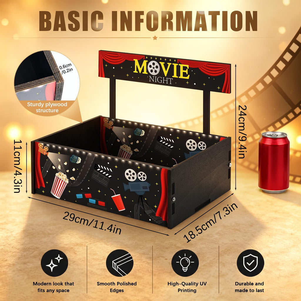 Movie Night Supplies Wooden Movie Night Snack Trays Gift Basket Halloween Home Theater Snack Caddy Popcorn Drink Candy Holder Box for Family Room Container Decor