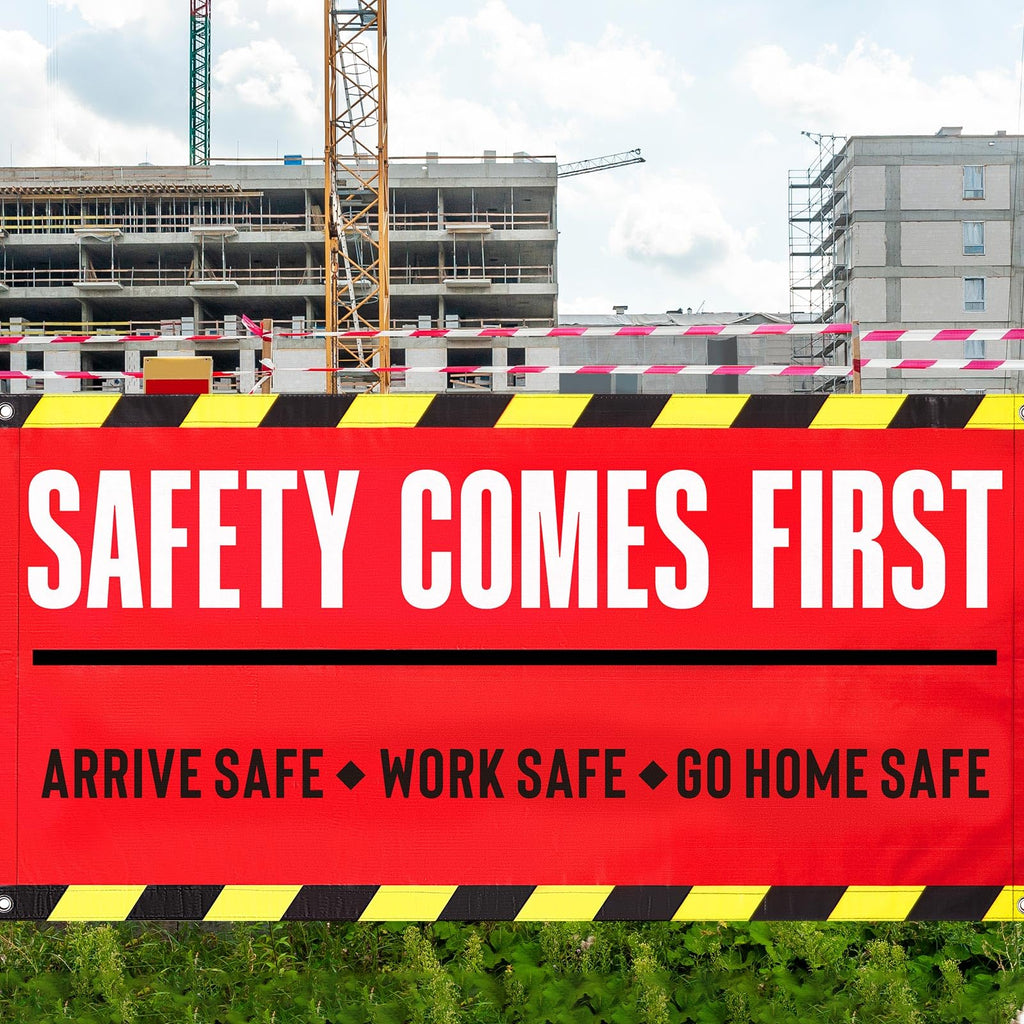 Peryiter 1 Pcs 4 x 2 ft Safety First Banner Vinyl Sign for Workplace