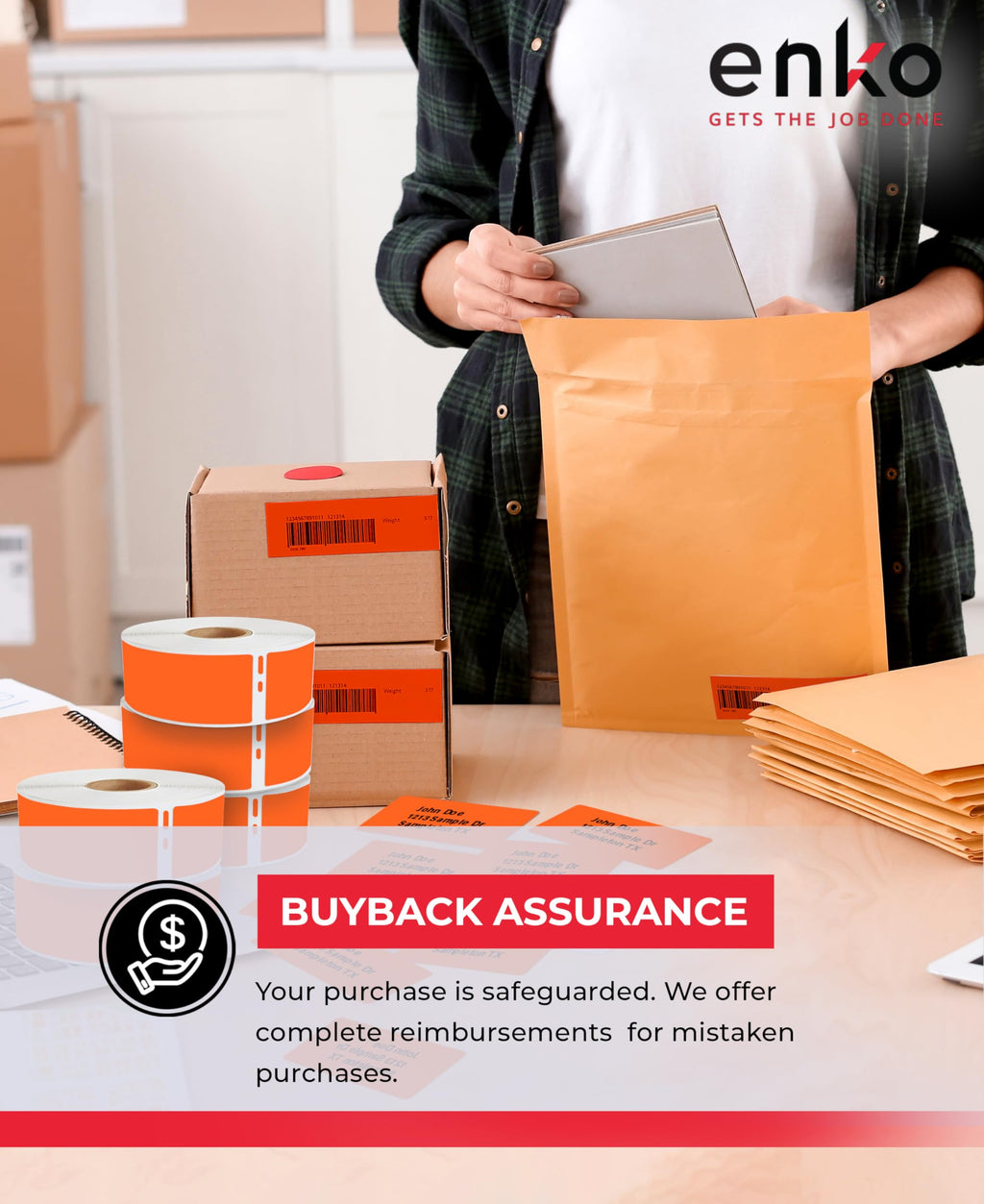 enKo 30252 6 Rolls | 2100 Orange Return Address Labels (1-1/8 x 3-1/2 in)