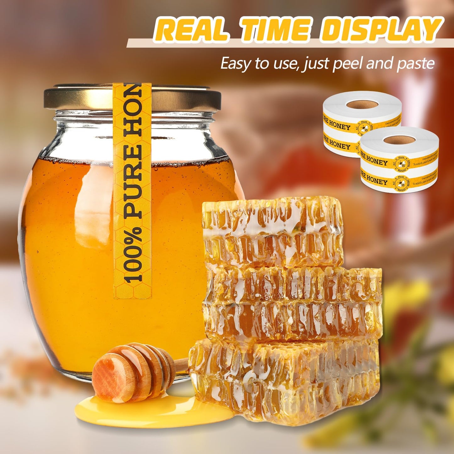 Lincia 1000 Pcs Safe Secure Tamper Proof Stickers for Pure Honey 1 x 9 Inches Tamper Evident Seal Stickers Honey Labels Bee Tape for Bottle Lid Coffee Milk Jars Drink Food Delivery Freshness, 2 Roll