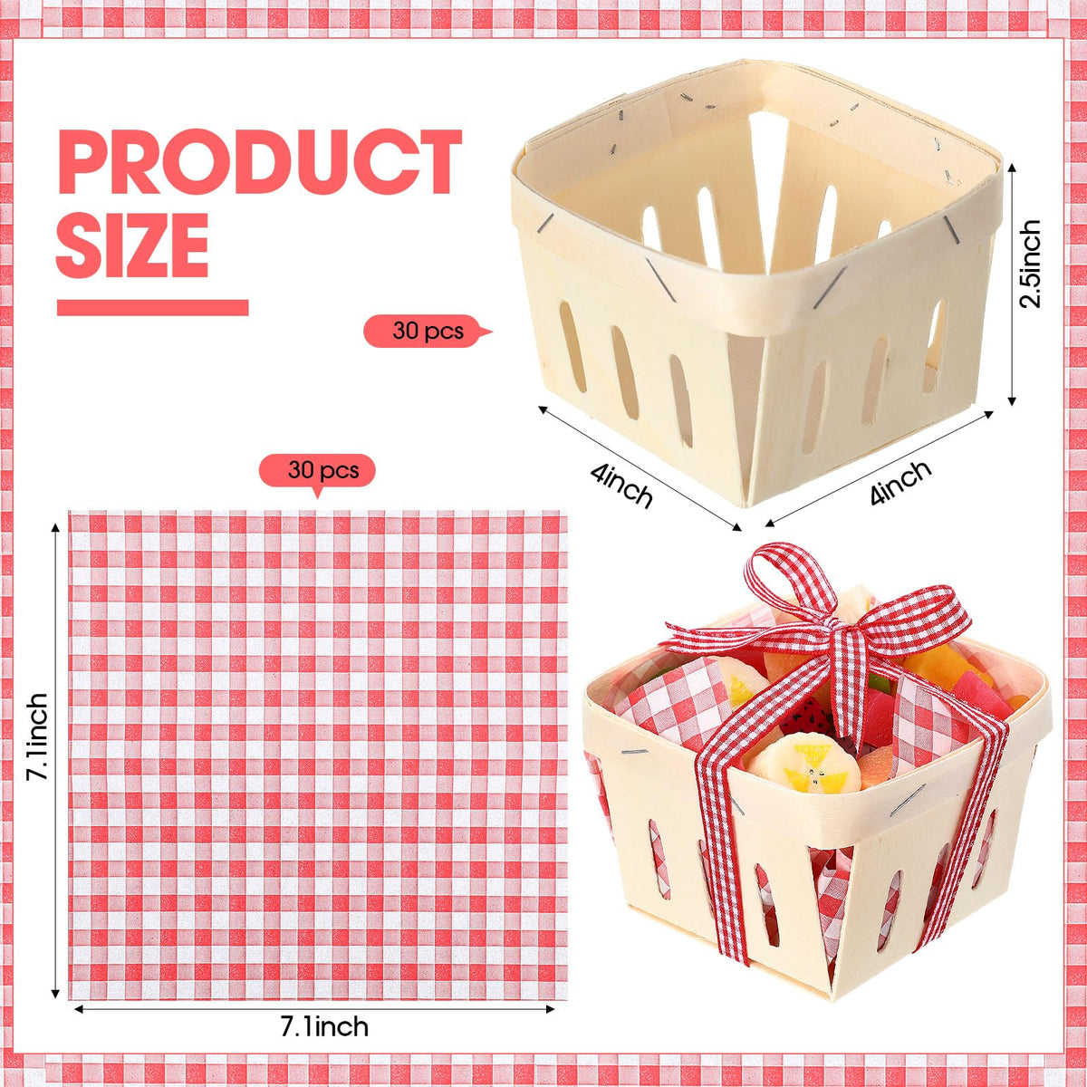 Vesici 61 Pcs Pint Wood Berry Basket & Wax Paper, Ribbon, Plaid, Red