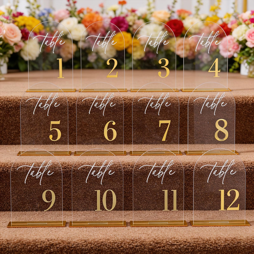 12Pcs Arch Wedding Table Numbers 1-12 with Stands, 5.5" X 7.2" Gold Table Numbers Elegant Clear Acrylic Tables Number with Golden Text for Wedding Reception, Anniversary, Banquet, and Event Decor
