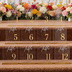 12Pcs Arch Wedding Table Numbers 1-12 with Stands, 5.5" X 7.2" Gold Table Numbers Elegant Clear Acrylic Tables Number with Golden Text for Wedding Reception, Anniversary, Banquet, and Event Decor