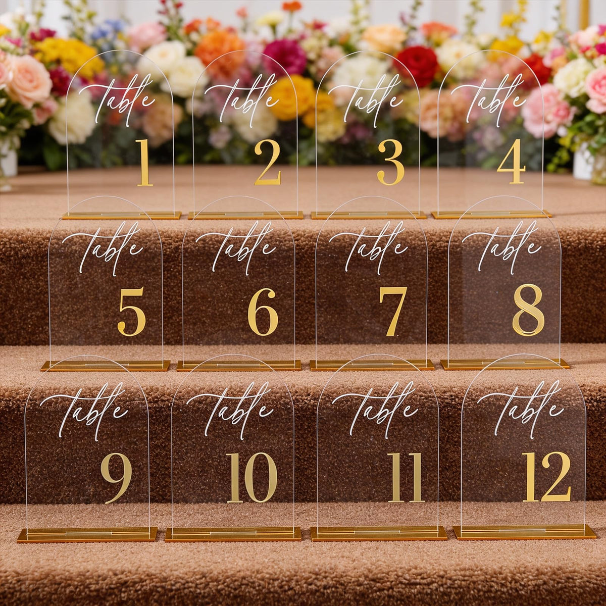 12Pcs Arch Wedding Table Numbers 1-12 with Stands, 5.5" X 7.2" Gold Table Numbers Elegant Clear Acrylic Tables Number with Golden Text for Wedding Reception, Anniversary, Banquet, and Event Decor