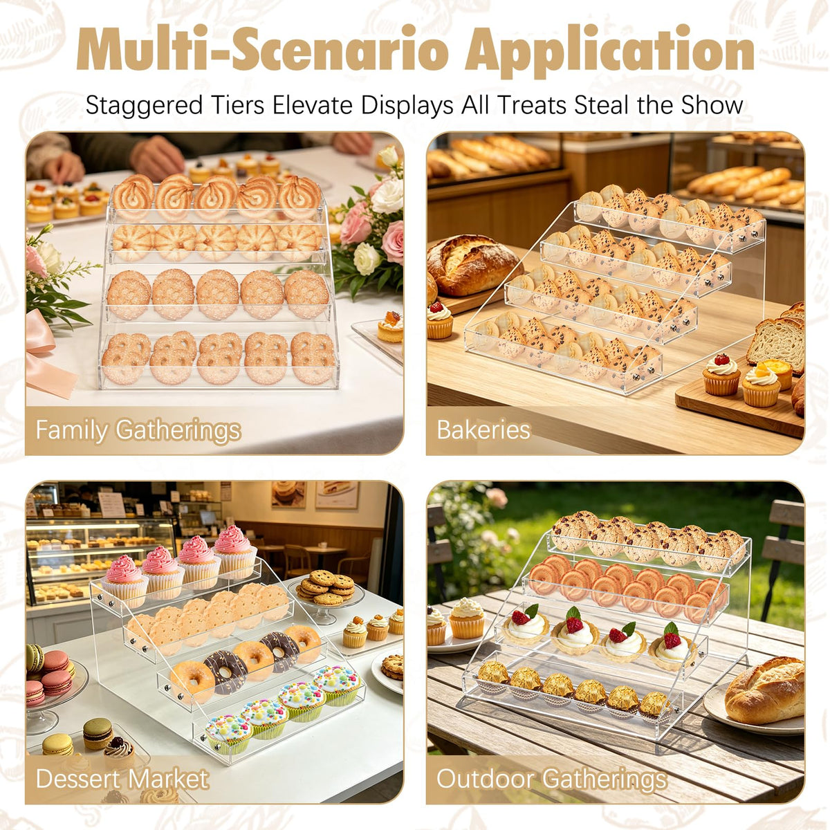 Tfwadmx 4 Tier Cookie Display Stand, Clear Acrylic Tiered Cupcake & Dessert Display Stand for Bakers, Vendors, Parties, Craft Fairs, and Market Booths