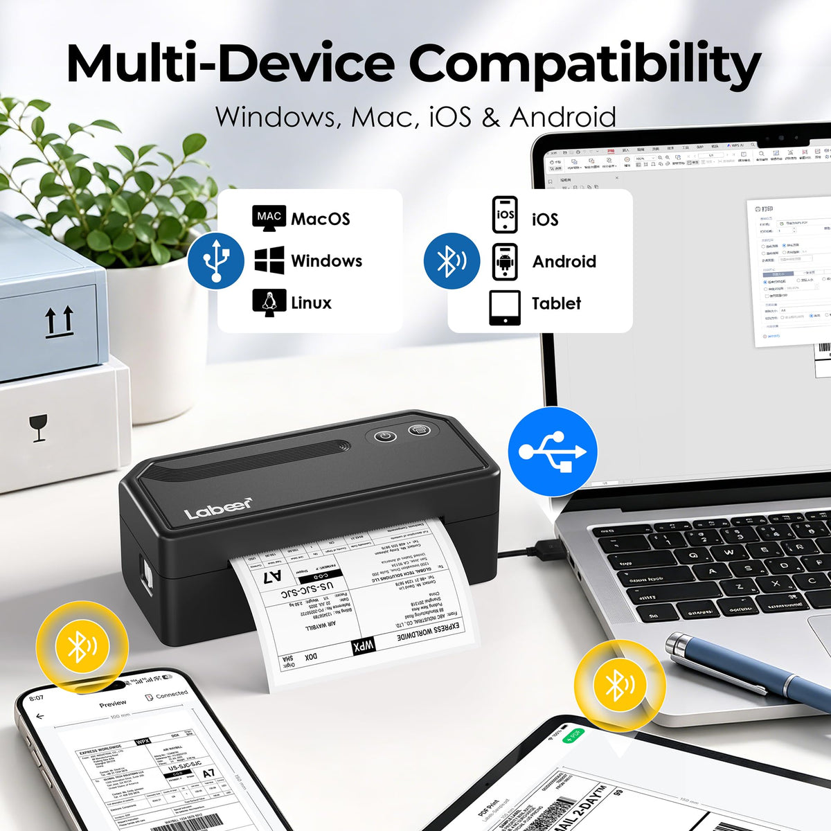 Labeer Bluetooth Thermal Shipping Label Printer, Wireless 4x6 Label Printer Black
