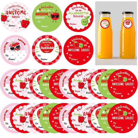 Fulmoon 120 Pcs Apple Valentine Sticker Set You're Awesomesauce Tags Round Labels for Applesauce Bag Apple Juice Valentine‘s Day Party Favor Envelope Sealer Treats Gift Decoration