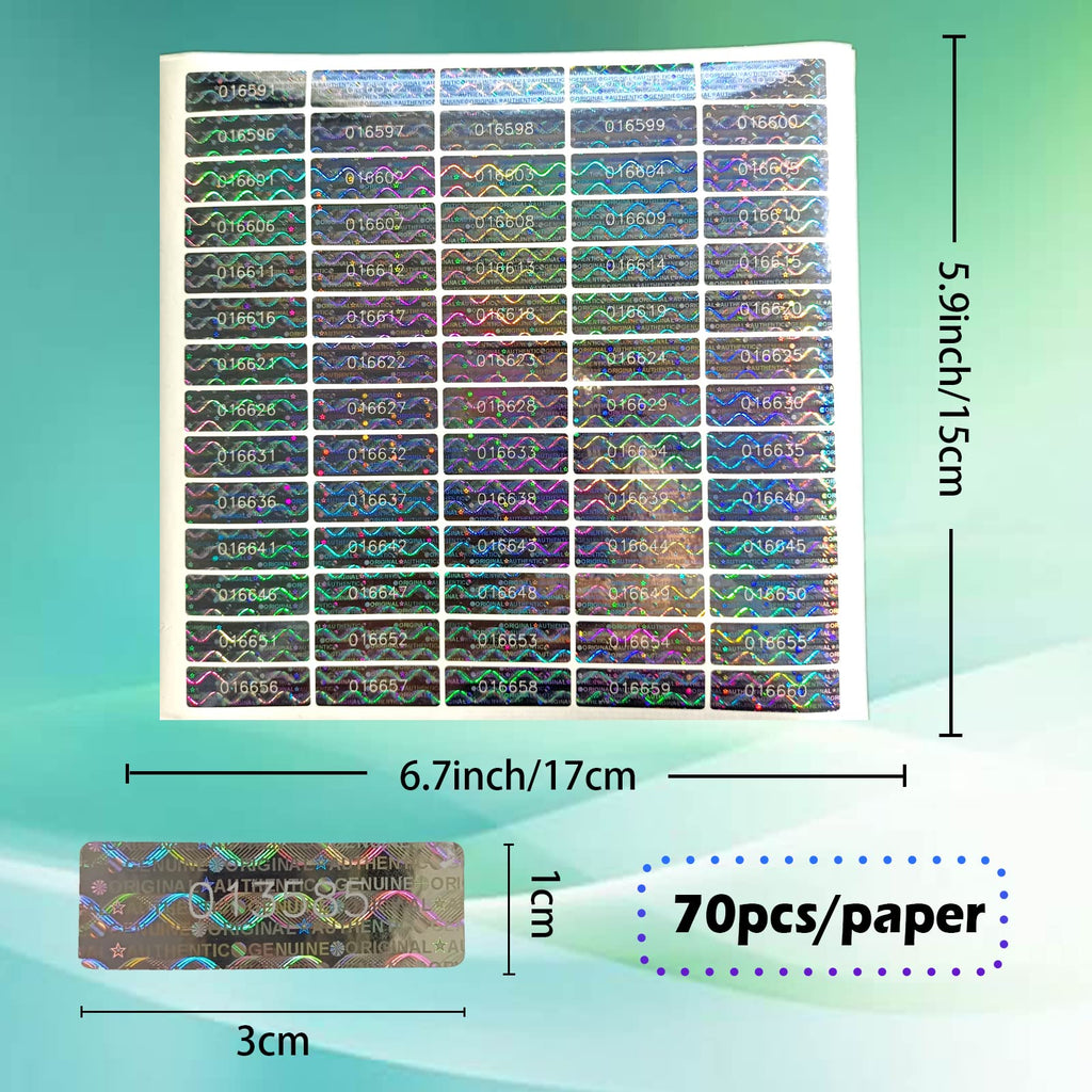 All-purpose silver hologram security labels with tamper-evident design and unique serial numbers, made by GQYHLABO, shown on a white background.