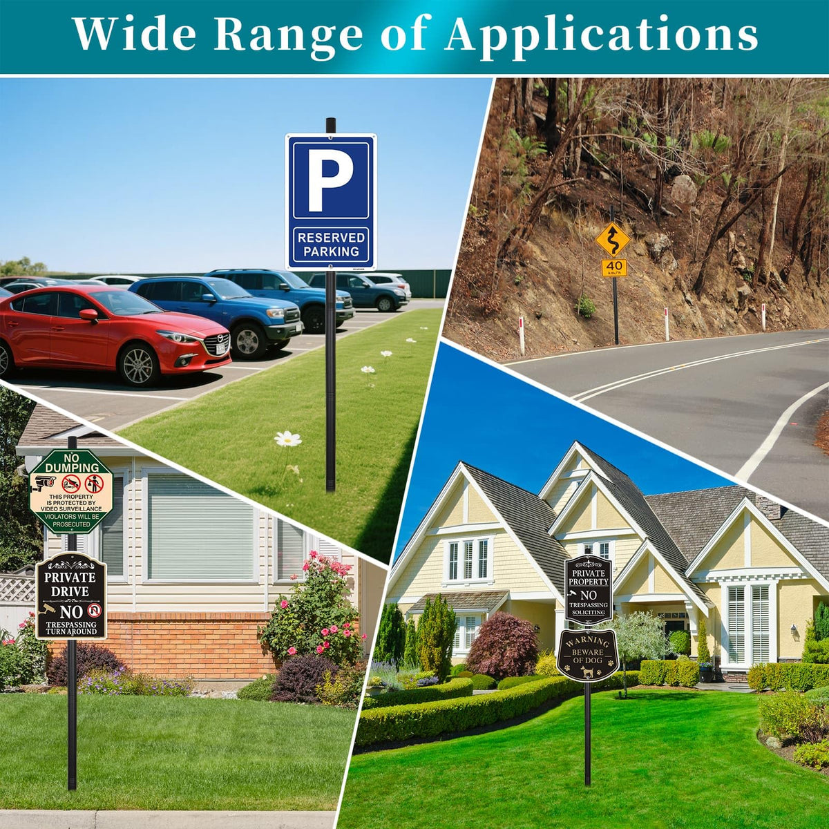 6'6'' Heavy Duty Metal Sign Post, Steel Round Signs Pole with Ground Spike, Adjustable Sign Mounting Brackets, Baked Enamel Finish for Yard, Parking, Traffic Signs(1 Pack, 80'') 78-Inch-Black 1-Pack