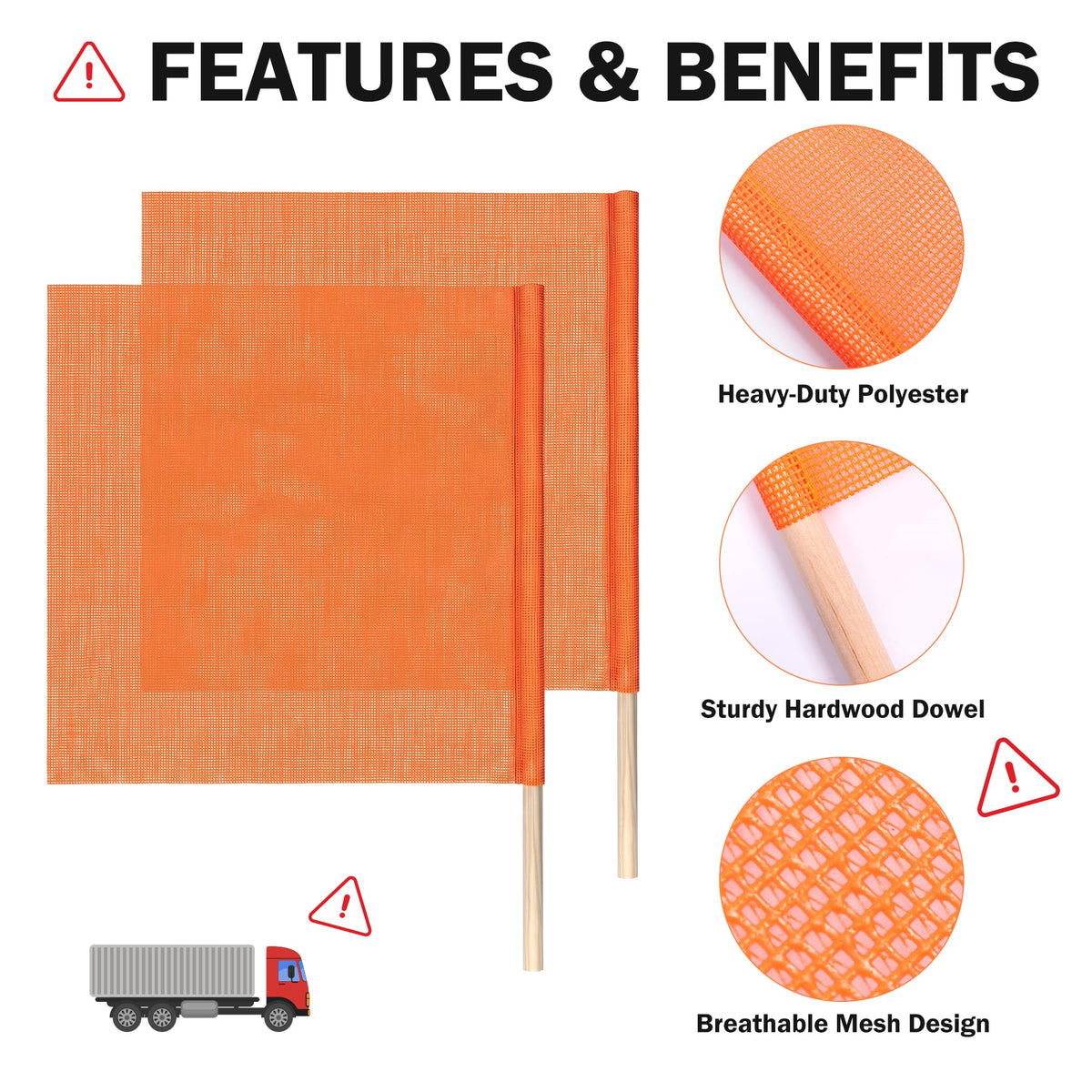 6 Pack 18"x18" Orange Safety Flags for Trucks with Dowel Fluorescent Orange 18"L x 18"W