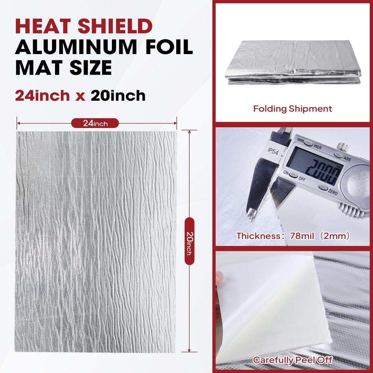 Heat Shield Aluminum Foil Faced Mat 2300℉ Ceramic Fiber Barrier Insulation Thermal Shield Material Sheet Protection from High Temperature (Self-Adhesive, 78mil-20" x 24") 78mil-20" x 24" Self-Adhesive