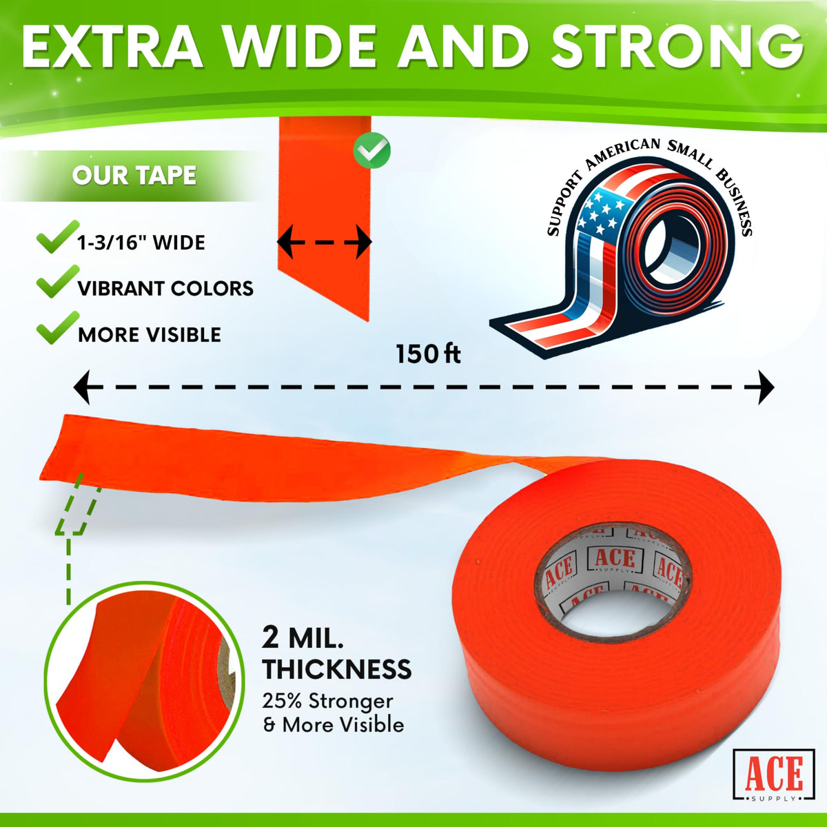 ACE Supply Pink Flagging Tape - 2 Pack - 1-3/16 Inch Width, 150 Ft Length, 2 Mil - Non-Adhesive Survey Tape - Tree Marking Ribbon, Surveyors Ribbon