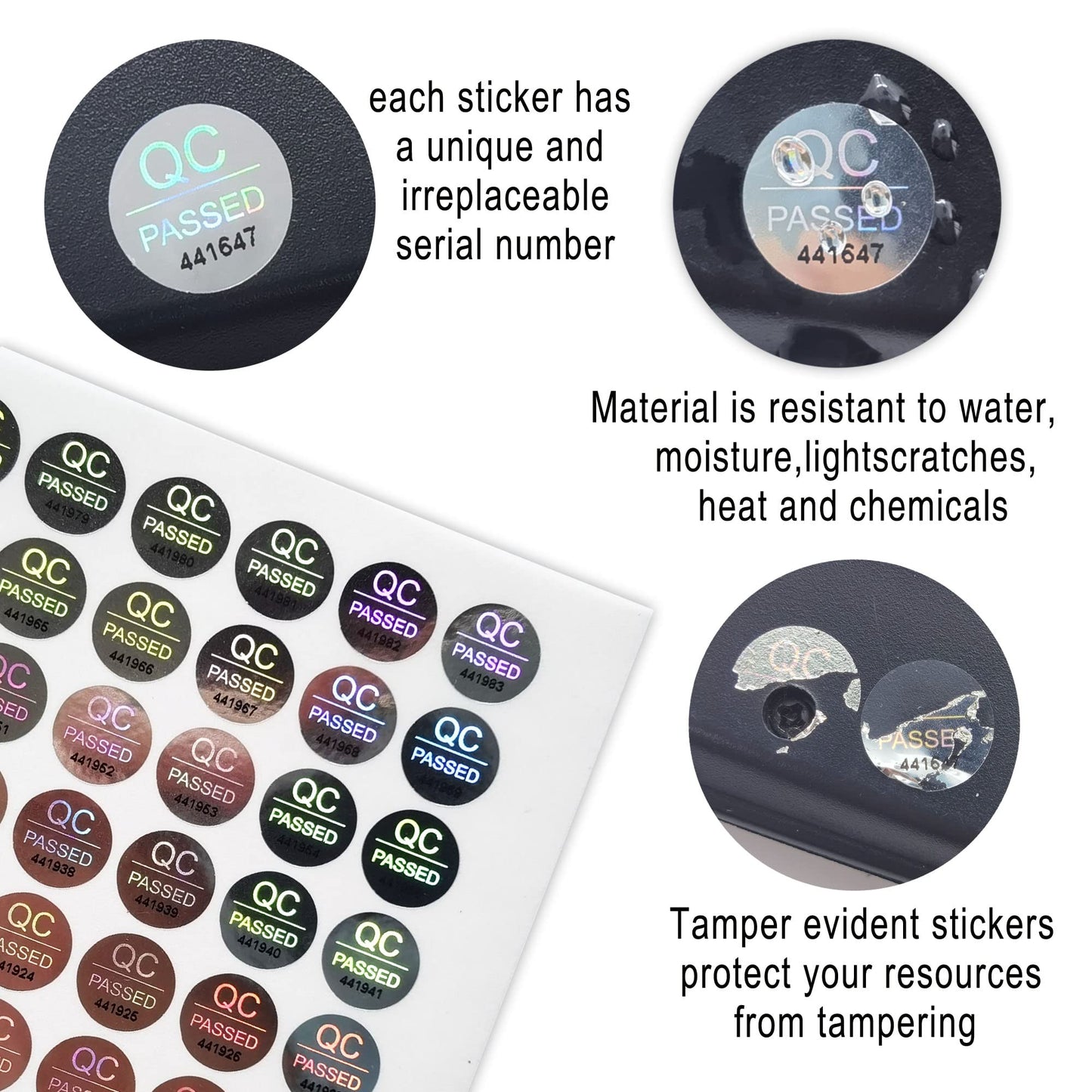 1700pcs 0.39 inch QC Passed Tamper Proof Stickers Silver High Security Tamper Evident Warranty Void Hologram Labels w/Unique Sequential Serial Numbering