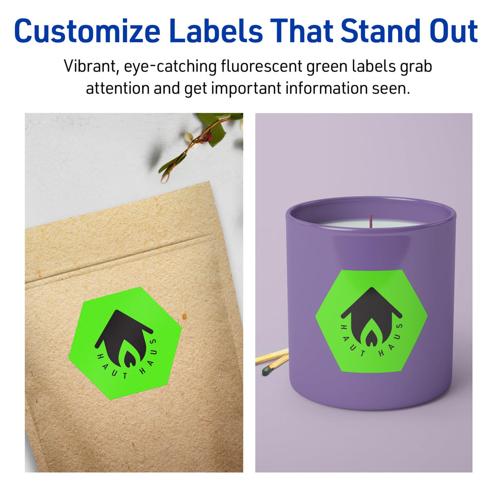 Avery Printable Hexagon Labels, Sure Feed Technology, 2-1/2" x 2-57/64", Neon Green Labels, Print-to-The-Edge, Laser/Inkjet Printable, 120 Total, Great for Cosmetics and Jars 120 labels