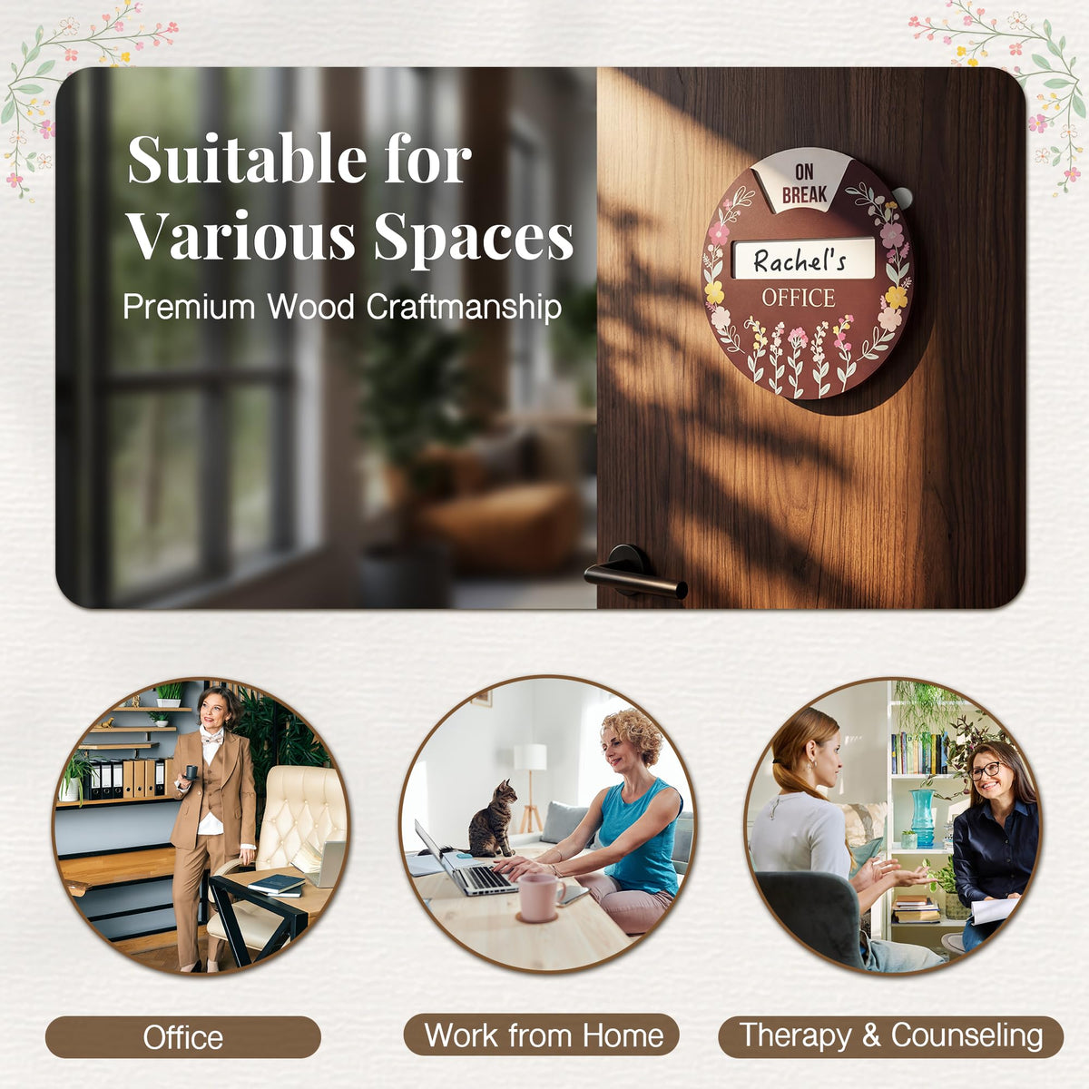 Office Door Signs, Do Not Disturb, In a Meeting, Come on In, Please Knock, On Break, Custom Rotating Wheel Sign with 6 Busy Statuses & Personalized Nameplate, Wooden Privacy Spinner Available and Away for Therapy & Home Office Brown Design 01