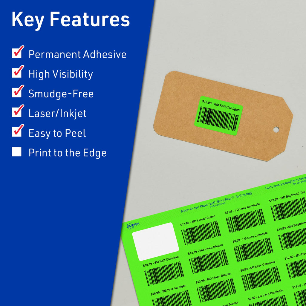 Avery Printable Rectangle Labels, Sure Feed Technology, 1-1/4" x 1-3/4", Neon Green Labels, Laser/Inkjet Printable, 1,280 Total, Great for Jars and More 1,280 labels