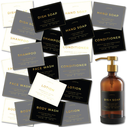 Waterproof Labels for Amber Glass Soap Dispenser and Plastic Bottles 3.15"x2.35" Peel & Stick - Kitchen, Bathroom & Shower Set - 21 Pieces (Gold Set) Gold Set