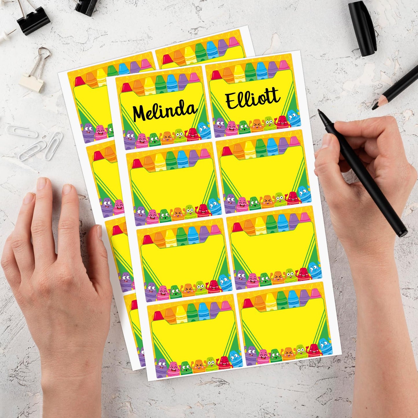 104 Pcs Cartoon Crayon Name Tag Stickers -3''x 2.5'' Colorful Self Adhesive Name Sticker Gift Tag Labels for Classroom Party Office Home Conferences (Crayon)