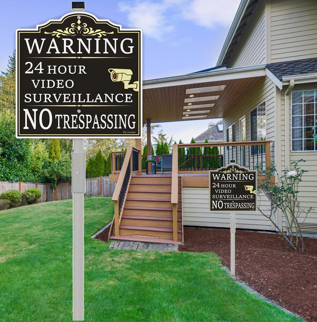 (2Pack) Large Video Surveillance Sign with Stake, No Trespassing Sign, 2pack with stake