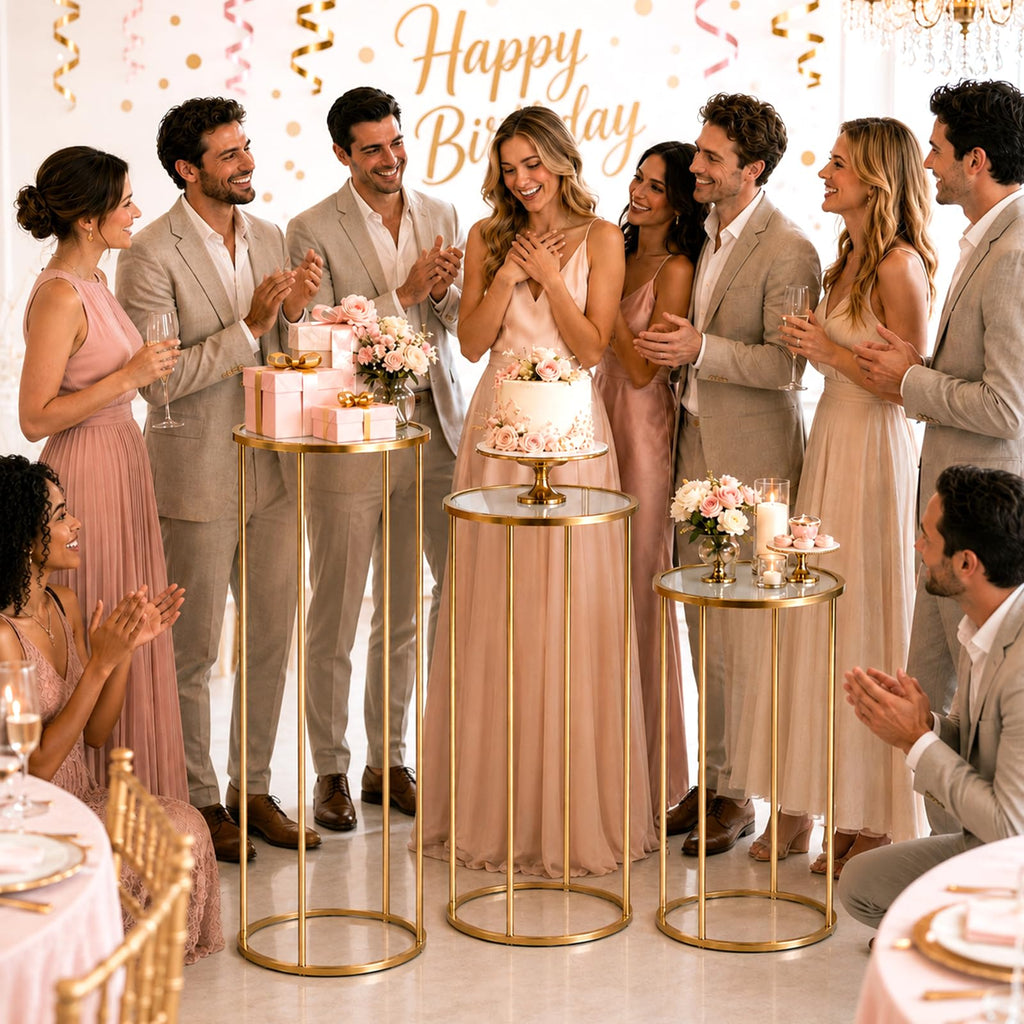 3Pcs Cylinder Stands for Party With 50 Balloons, Gold Cylinder Pedestal Stand, Cilindros para Fiestas Cake pedestal Stand Metal Round Display Plant Stand Tables for Weddings Birthday Decorations