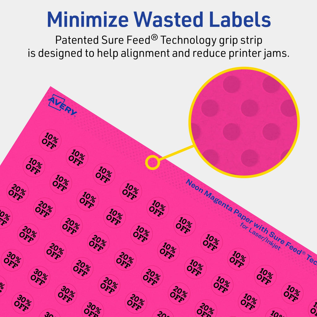 Avery® Printable Round Labels, Sure Feed® Technology, 1/2" Diameter, Neon Magenta Labels, Print-to-the-Edge, Laser/Inkjet, 3,080 Total, Great for Price Stickers and Mailing Seals 3,080 labels