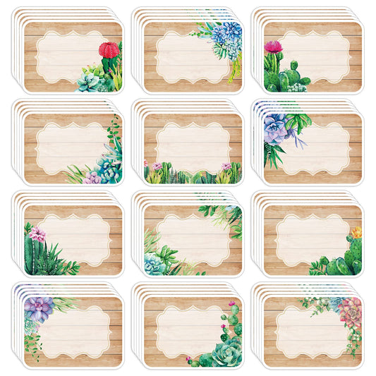 Whaline 120Pcs Cactus Succulent Cutout Name Tag Stickers 12 Designs Rustic Nameplate Stickers Classroom Bulletin Board Decoration Label Stickers for Summer Office Back to School Decor,10 Sheet