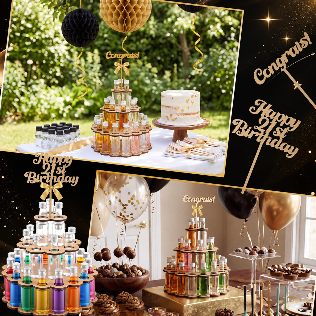 Mini Liquor Bottle Cake Wood Shelf Party Centerpiece Display, Gold