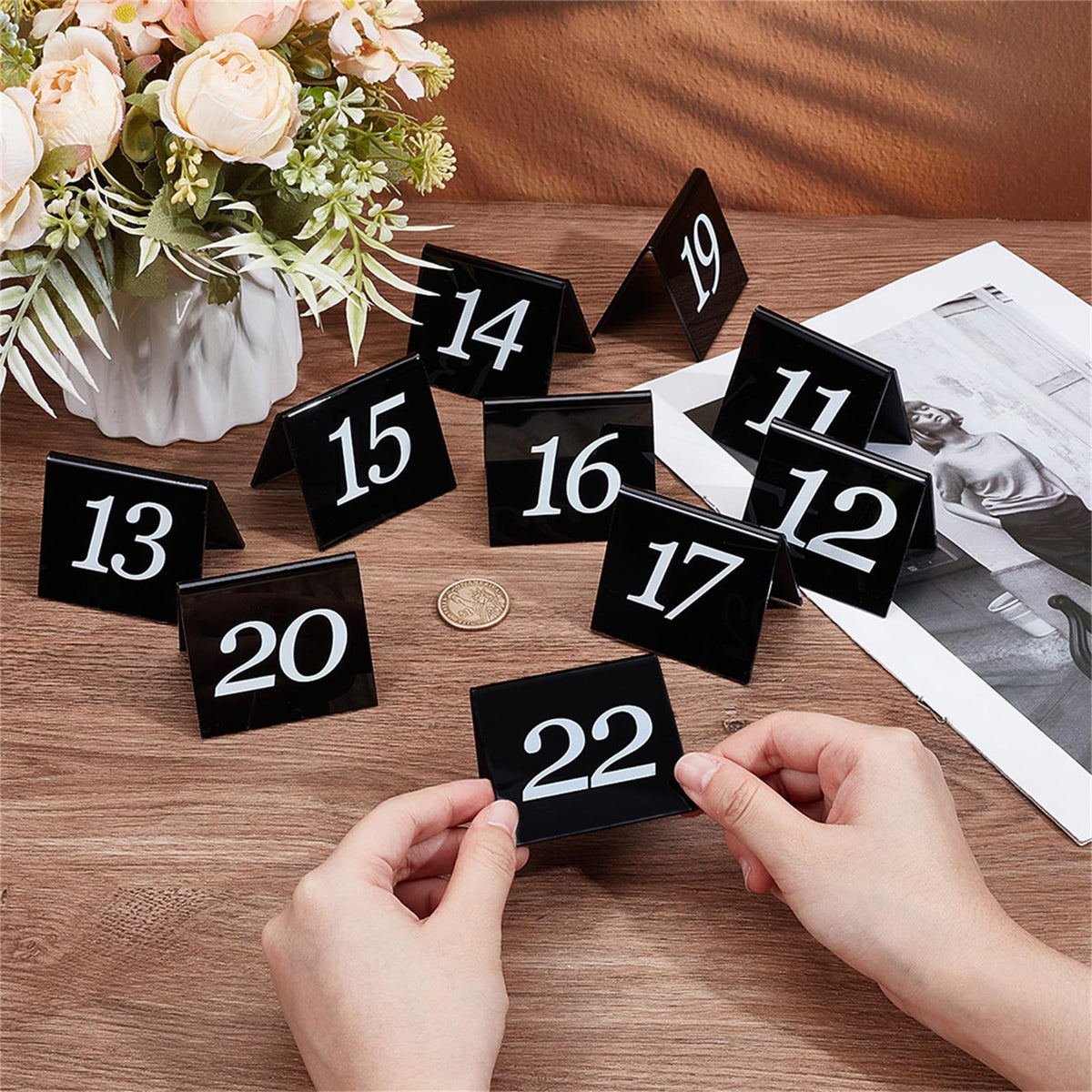 OLYCRAFT 50pcs Tent Style Acrylic Table Numbers Signs 1-50 Double Sided Black Table Numbers Signs Acrylic Tent Table Numbers Stands Signs 2.1x2.5x1.9 Inch for Wedding Party Banquets Receptions