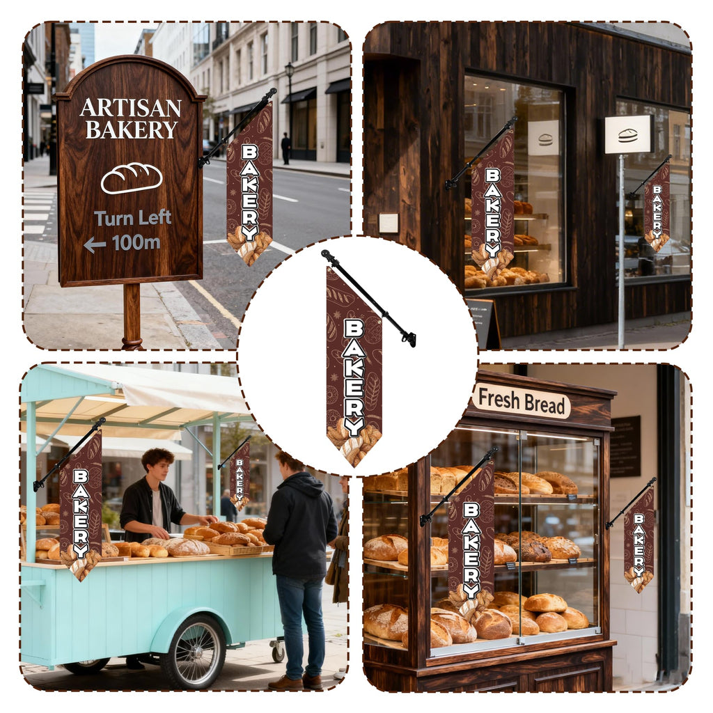 Farm Stand Bakery Flag with Pole Kit – 42x12 Inch Double-Sided Heavy Duty Canvas Banner for Outdoor Cake Shop, Business Sign, Storefront Advertising Decoration(Brown) Brown