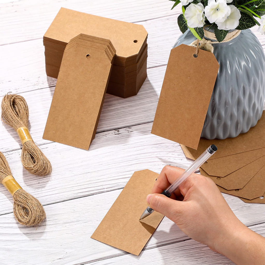 Gersoniel 200 Pcs Kraft Paper Gift Price Name Tags with Strings 4.7"x2.4"