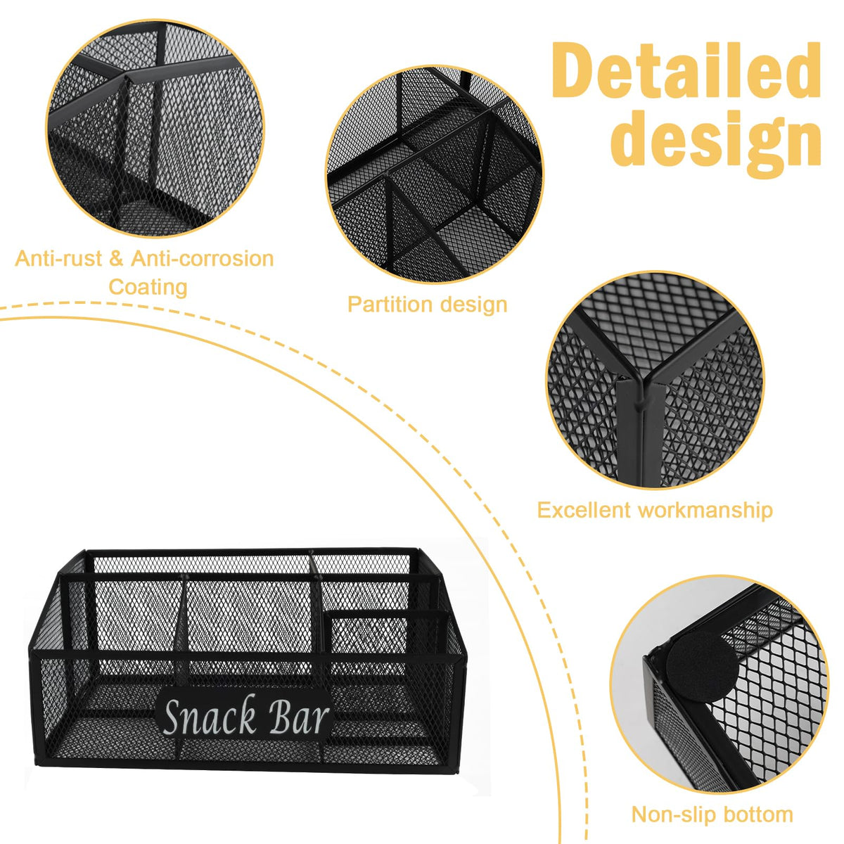 Snack Organizer for Pantry Shelf, Metal Snack Organizer Snack Basket, 6 Compartment Snack Bin Holder Chip Organizer, Snack Bar Station Organizer, Kitchen Pantry Organizer and Storage (Black) 6 Compartments
