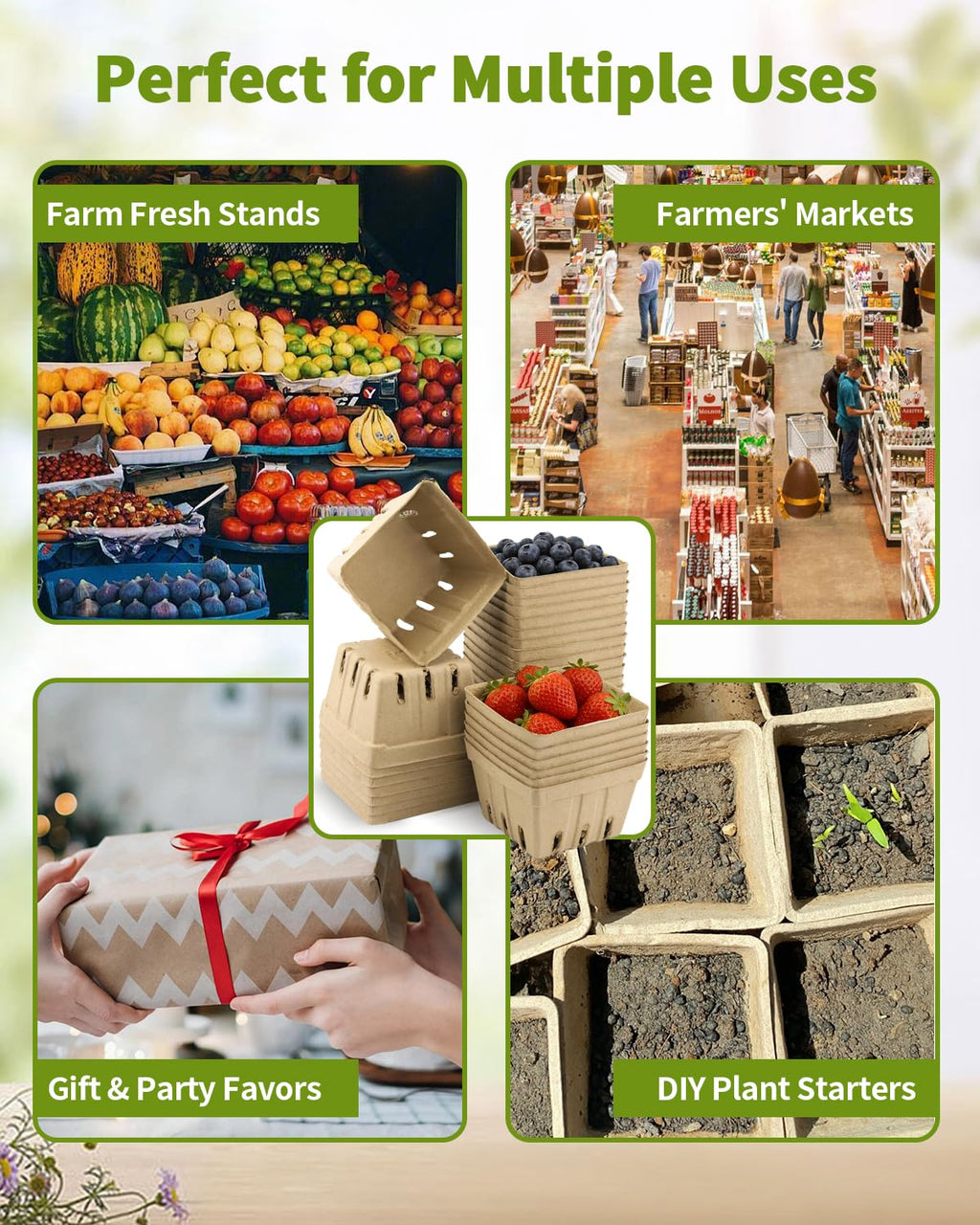 30 Pack Natural Pulp Fiber Berry Basket (4.3x4.3x2.75 Inch), Natural Pulp Produce Baskets & Berry Containers, Vented Strawberry Baskets for Farmers Market Decor, Grocery Store and Kitchen Display Tawny 1Pint 30