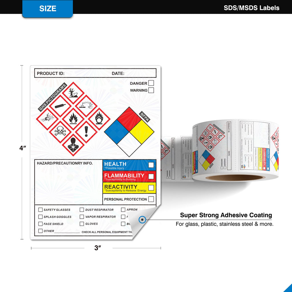 OOOOSIGNO SDS label stickers, 4x3 inches roll of 250, with GHS pictograms, perforated edges, for chemical safety and OSHA compliance