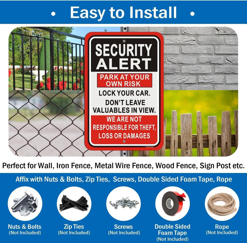 Security Alert Sign Park At Your Own Risk Lock Your Car & Don't Leave Valuables Not Responsible For Theft/Loss/Damages Signs 12x18" For Parking Lot, Business Red / Black / White Señal de Alerta de Seguridad 2 Pack