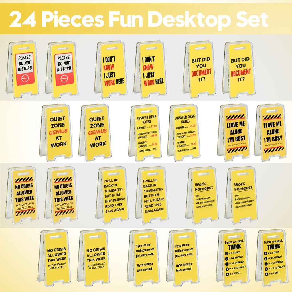 24 Pack Funny Office Desk Signs, Mini Acrylic Yellow Caution Desk Signs