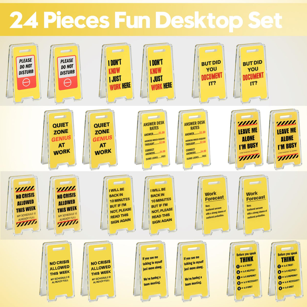 24 Pack Funny Office Desk Signs, Mini Acrylic Yellow Caution Desk Signs