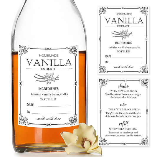120pcs Homemade Vanilla Extract Stickers with Instructions - 1.5x2 Inch Handcrafted Vanilla Bottle Labels for 2oz, 4oz, 8oz Bottles Black